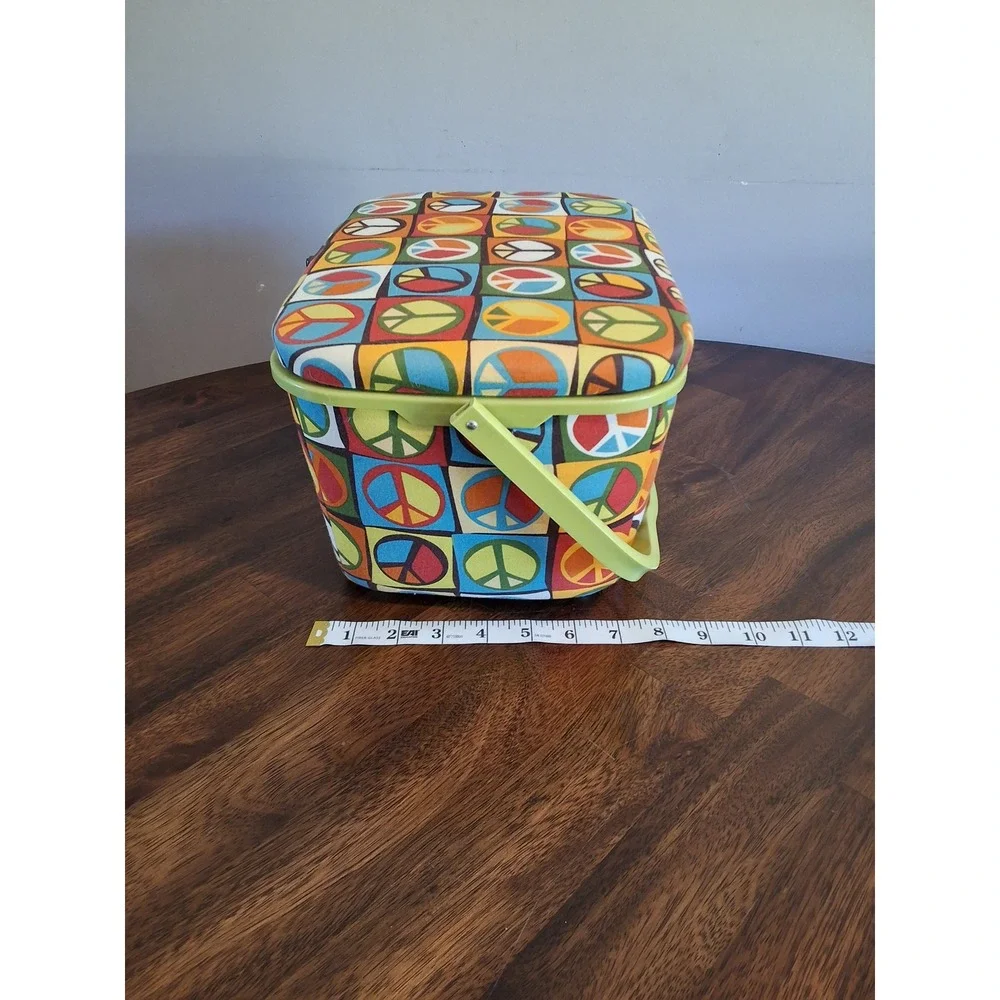 Vintage Style Peace Sign Sewing Basket Organizer Box with Removable Tray Multi
